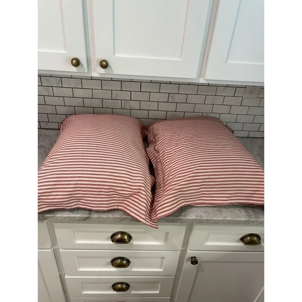 Pottery Barn Pillow Shams Standard Red Ticking Stripe Cotton Farmhouse 2pc